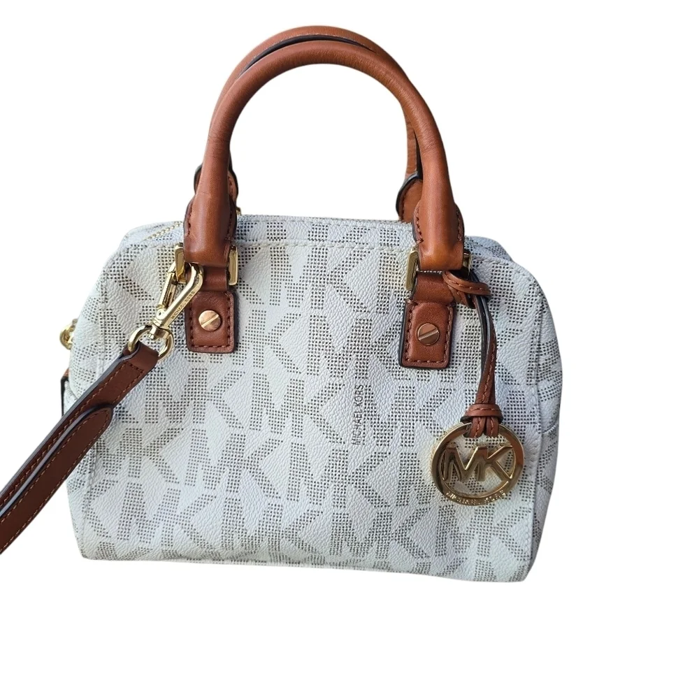 Michael Kors Cream & Brown Satchel with Monogram Pattern